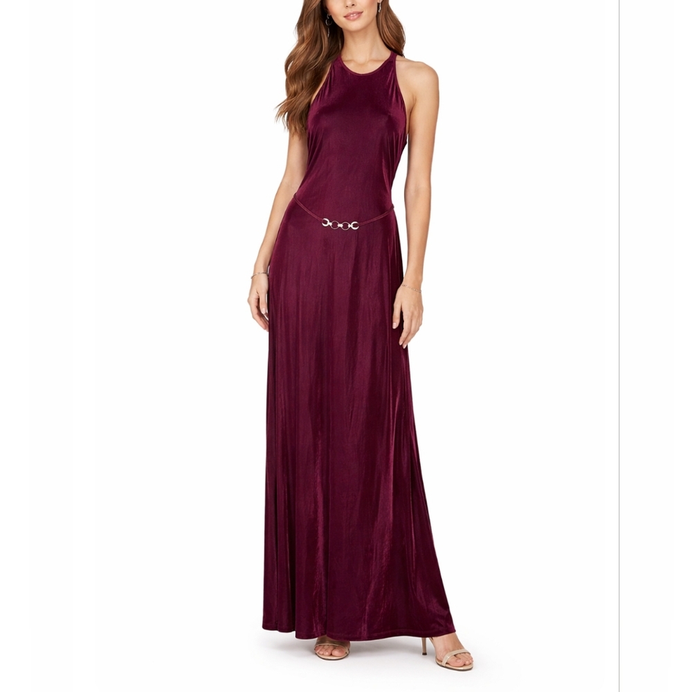 Alexia Admor Romantic Boho full length Vintage Burgundy Velvety Halter Dress